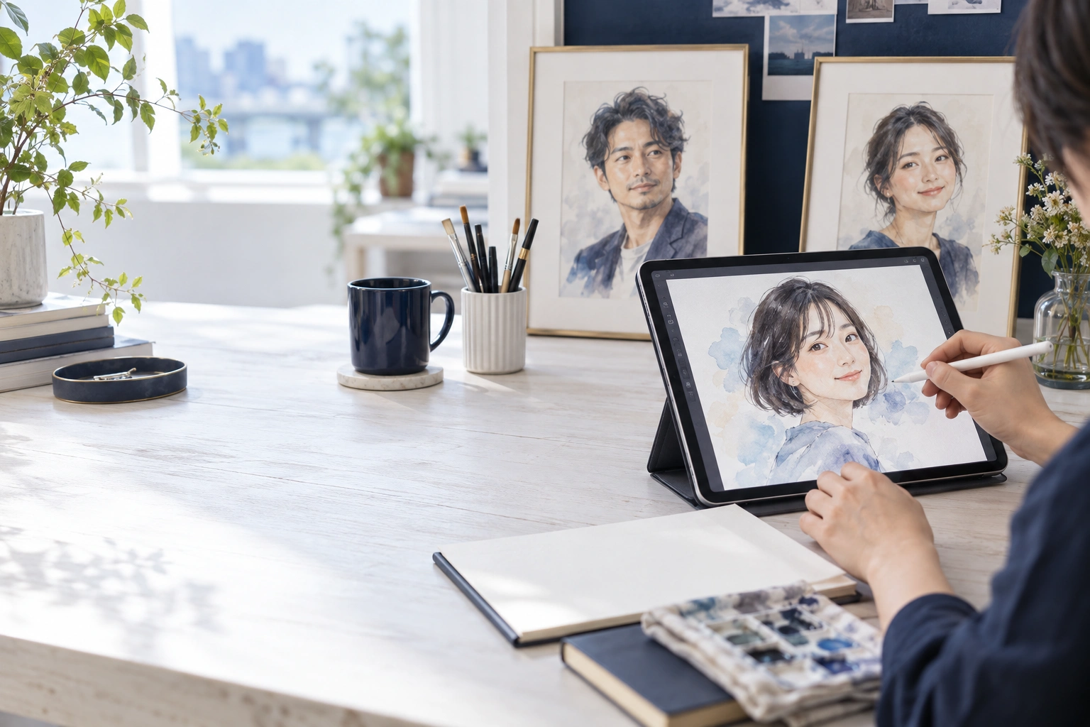 タブレットで似顔絵を制作するイメージ